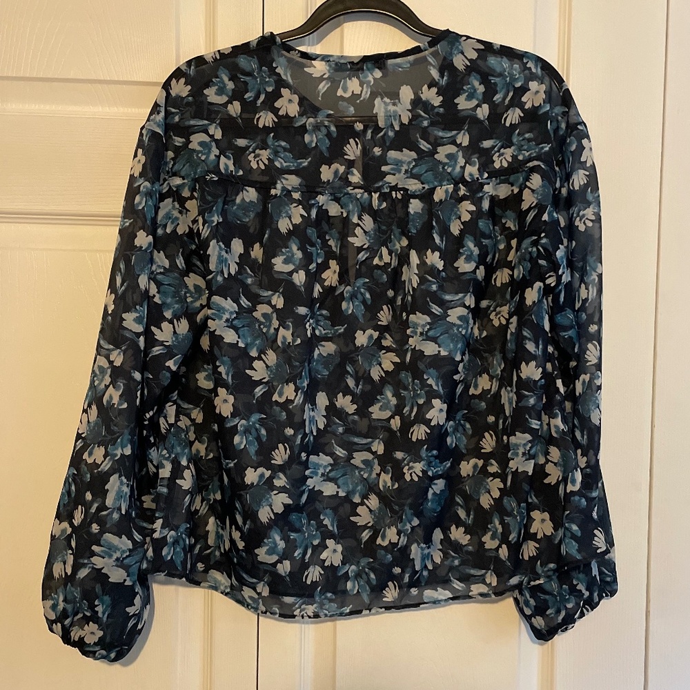 Abercrombie Long-Sleeve Sheer Plunge Top, Blue Floral, Small - Picture 2 of 4